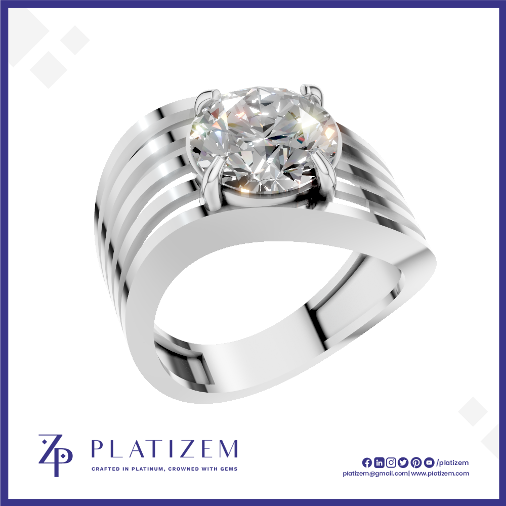 A silver-toned solitaire engagement ring with a round brilliant-cut diamond, presented on a white background with a blue border and the Platizem brand logo at the bottom.