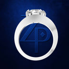 A silver-toned ring featuring a circular inlay with a blue embossed '4P' monogram logo, set against a textured dark blue background.