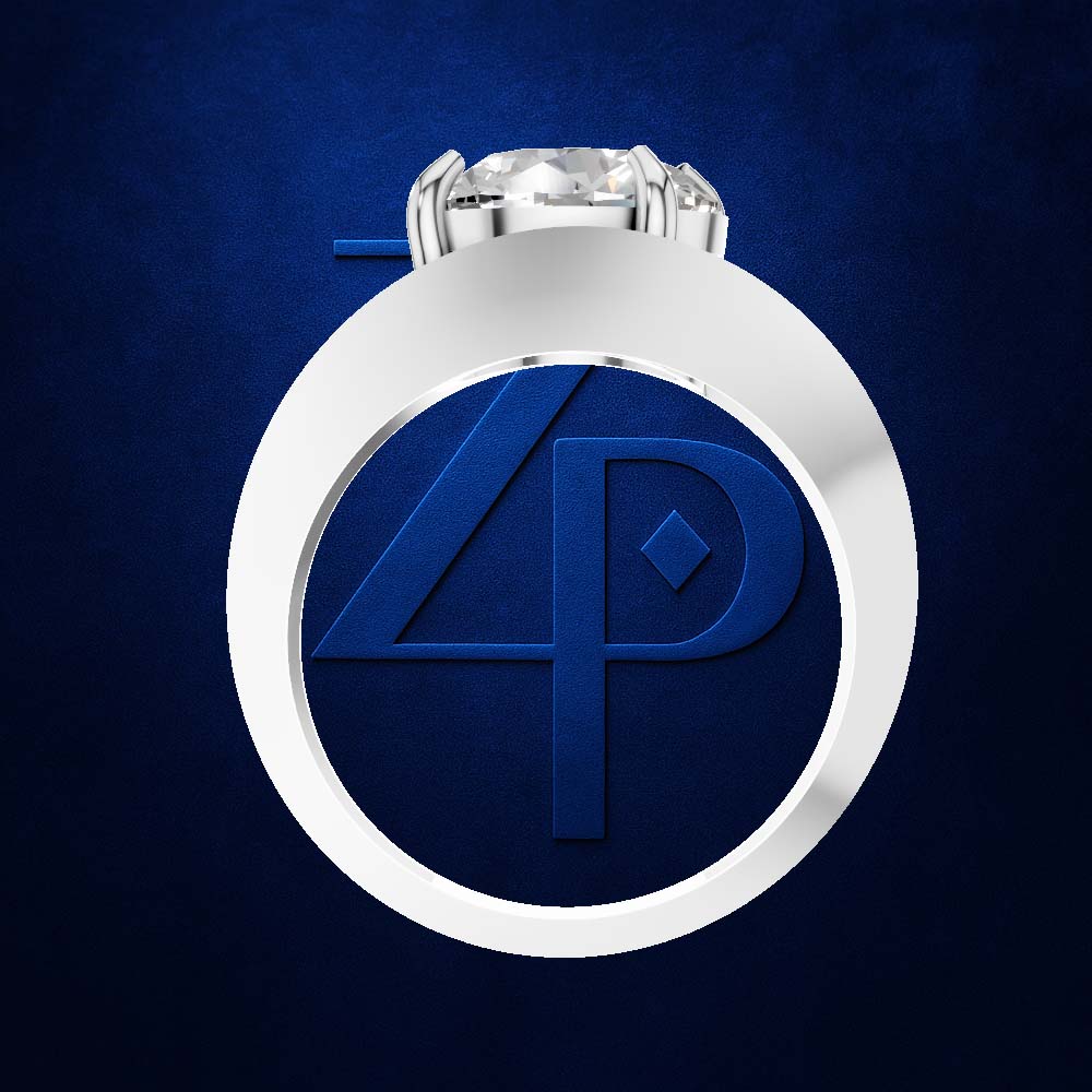 A silver-toned ring featuring a circular inlay with a blue embossed '4P' monogram logo, set against a textured dark blue background.