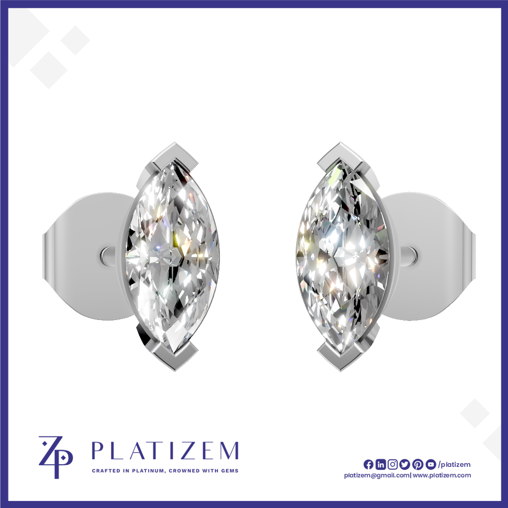 A pair of silver stud earrings with marquise-cut clear gemstones, displayed on a white background with the brand name PLATIZEM at the bottom.