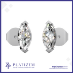 A pair of silver stud earrings with marquise-cut clear gemstones, displayed on a white background with the brand name PLATIZEM at the bottom.