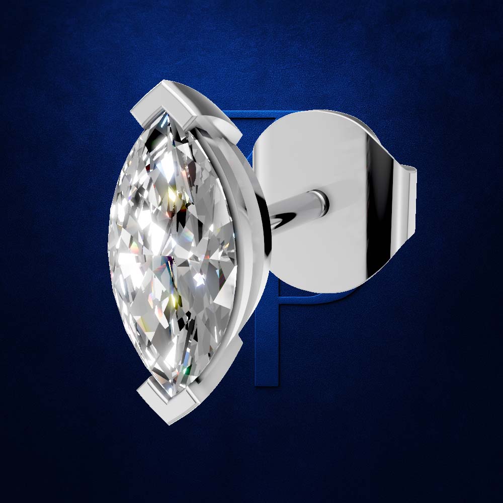 A single marquise-cut diamond stud earring in a polished silver-toned setting, shown at an angle with the post and backing visible against a dark blue textured background.