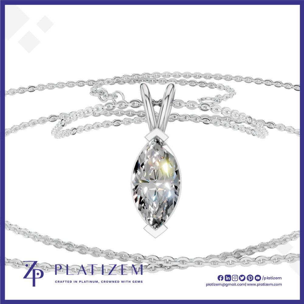 A silver-plated necklace with a marquise-cut clear gemstone pendant, displayed on a white background with the brand name Platizem visible at the bottom.