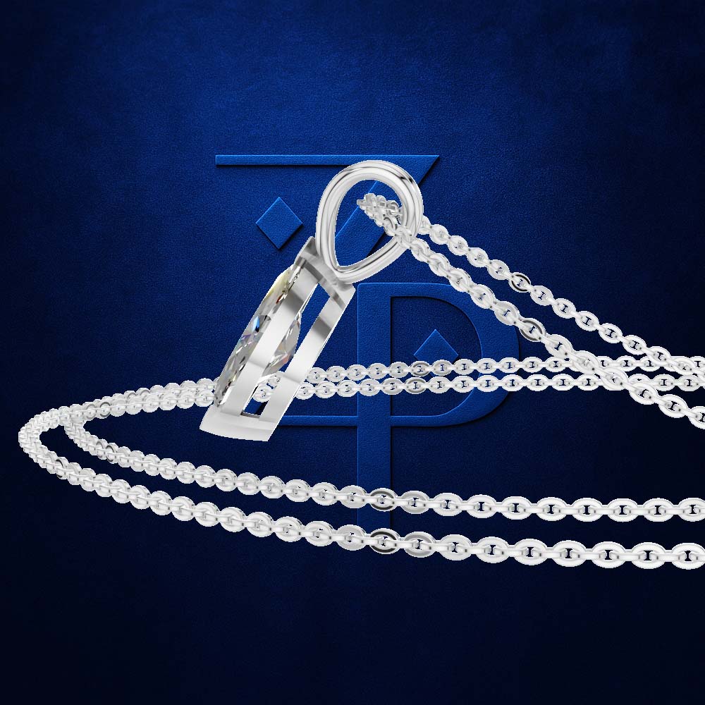 A silver-toned chain necklace with a polished pendant, displayed against a textured dark blue background with a subtle logo behind it.