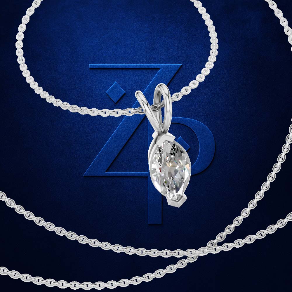 A silver-tone necklace with a marquise-cut clear gemstone pendant, displayed against a dark blue textured background with a large stylized 'ZP' logo.