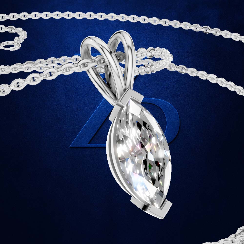 A silver-tone pendant necklace featuring a marquise-cut clear gemstone in a prong setting, suspended from a silver chain against a dark blue background with a subtle logo behind it.
