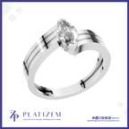 A silver-toned double-stripe solitaire ring with a marquise-cut diamond, shown on a white background with a blue border and the Platizem brand logo at the bottom.