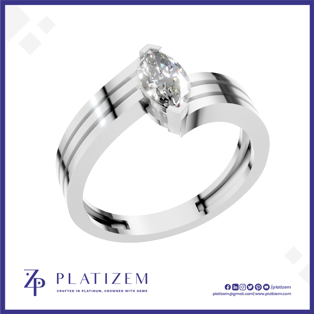 A silver-toned double-stripe solitaire ring with a marquise-cut diamond, shown on a white background with a blue border and the Platizem brand logo at the bottom.