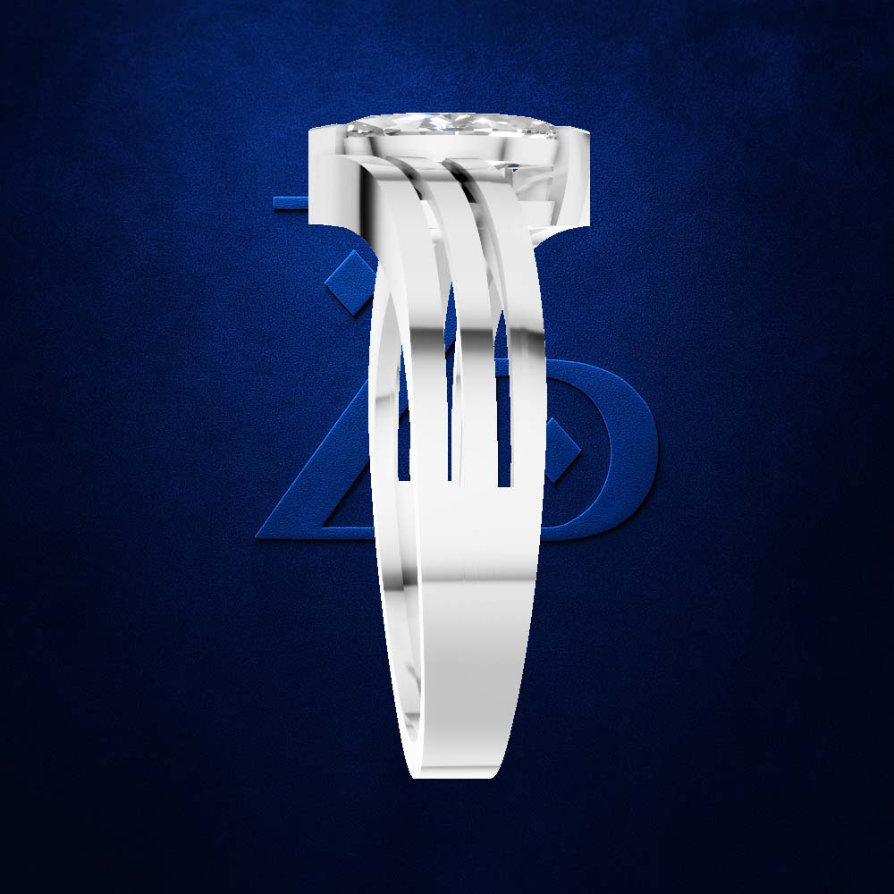 A white gold or platinum solitaire ring with a round brilliant-cut diamond, shown on a textured dark blue background with a subtle logo behind it.