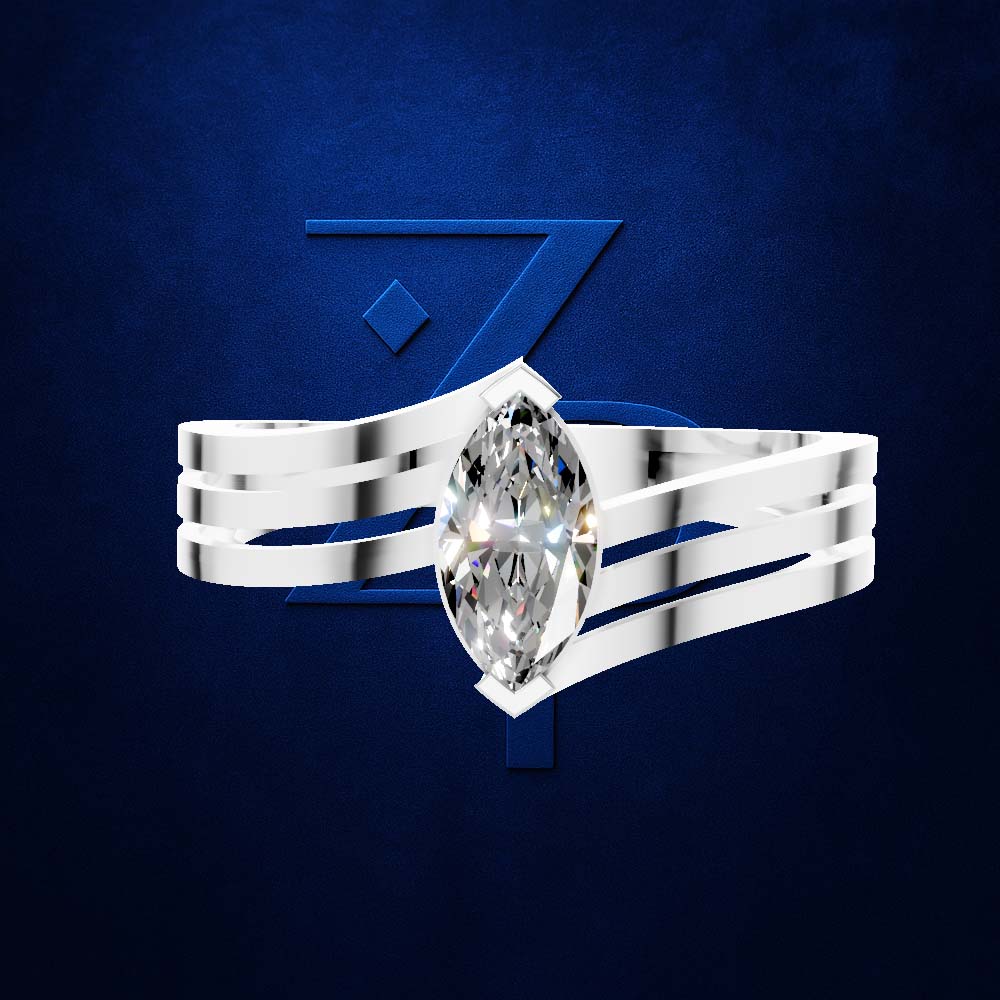 A silver-toned ring with a marquise-cut clear gemstone, shown against a dark blue textured background with a large stylized blue Z logo behind it. Per the rules, the clear gemstone does not contribute a color, so only the surrounding metal setting is considered for product color identity.