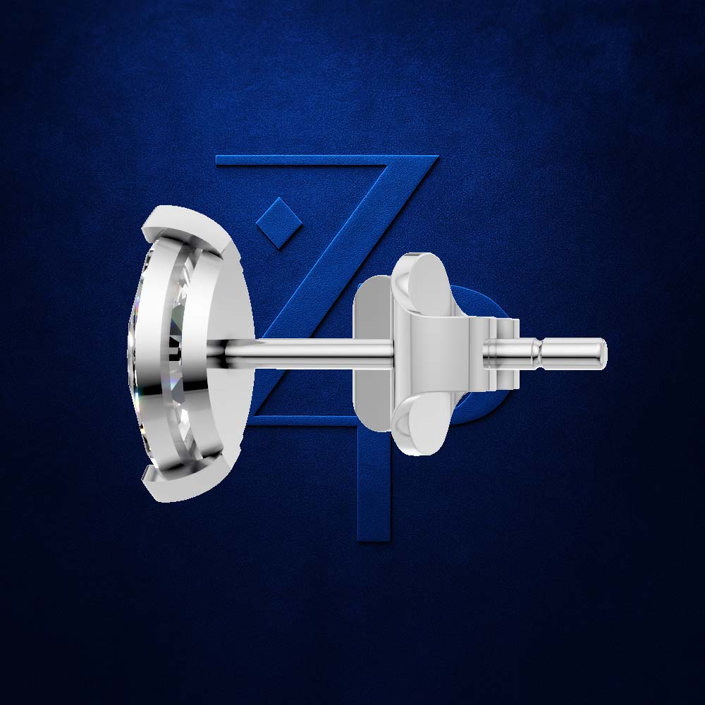 A pair of polished silver-tone stud earrings shown from the back on a textured dark blue background with a stylized blue 'Z' logo.