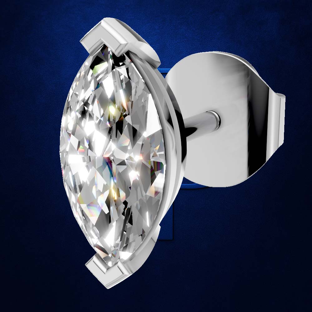 A marquise-cut diamond stud earring in a polished silver setting, shown from a three-quarter angle against a dark blue textured background.