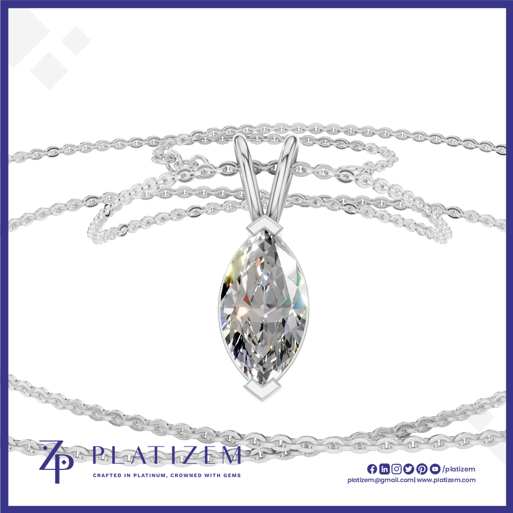 A silver-plated necklace with a marquise-cut clear gemstone pendant, displayed on a white background with the brand name Platzem visible at the bottom.