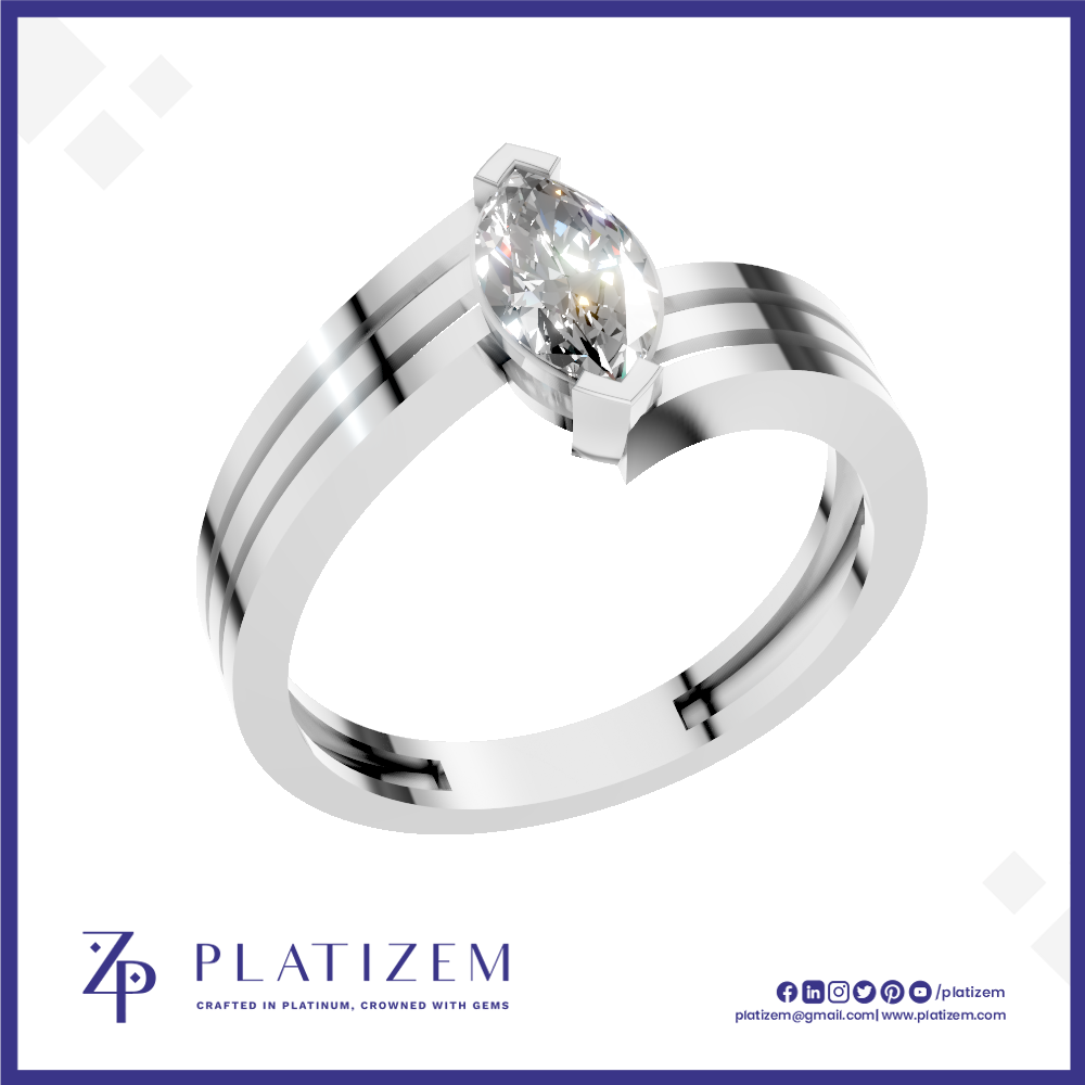 A silver-plated engagement ring with a marquise-cut clear gemstone, featuring a split shank design with polished and striped detailing. The ring is presented on a white background with a blue border, branded with the 'Platizem' logo at the bottom.