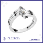 A silver-plated engagement ring with a marquise-cut clear gemstone, featuring a split shank design with polished and striped detailing. The ring is presented on a white background with a blue border, branded with the 'Platizem' logo at the bottom.