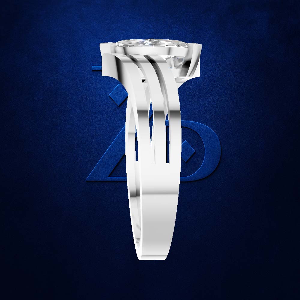 A silver-toned diamond ring with a unique split-shank design and a round-cut center stone, shown against a dark blue textured background with a subtle Avengers logo.