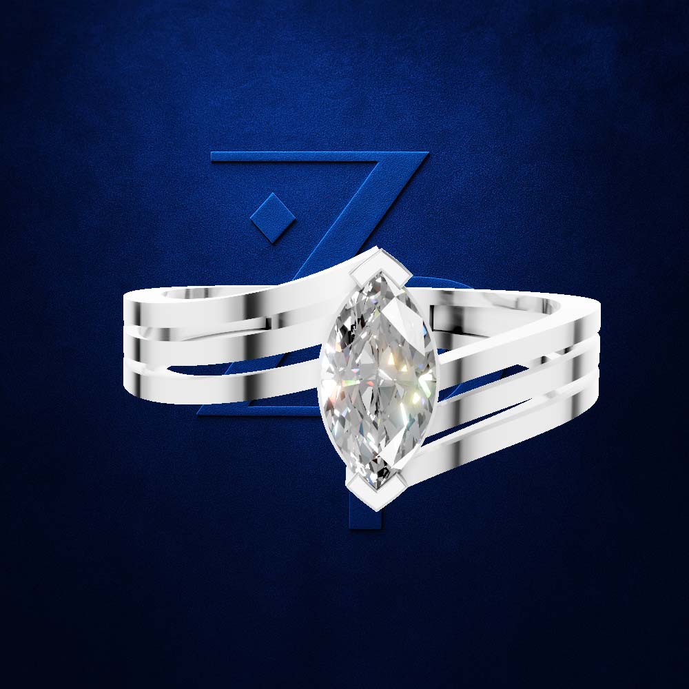 A silver-toned ring with a marquise-cut clear gemstone, shown against a dark blue textured background with a stylized blue Z logo.