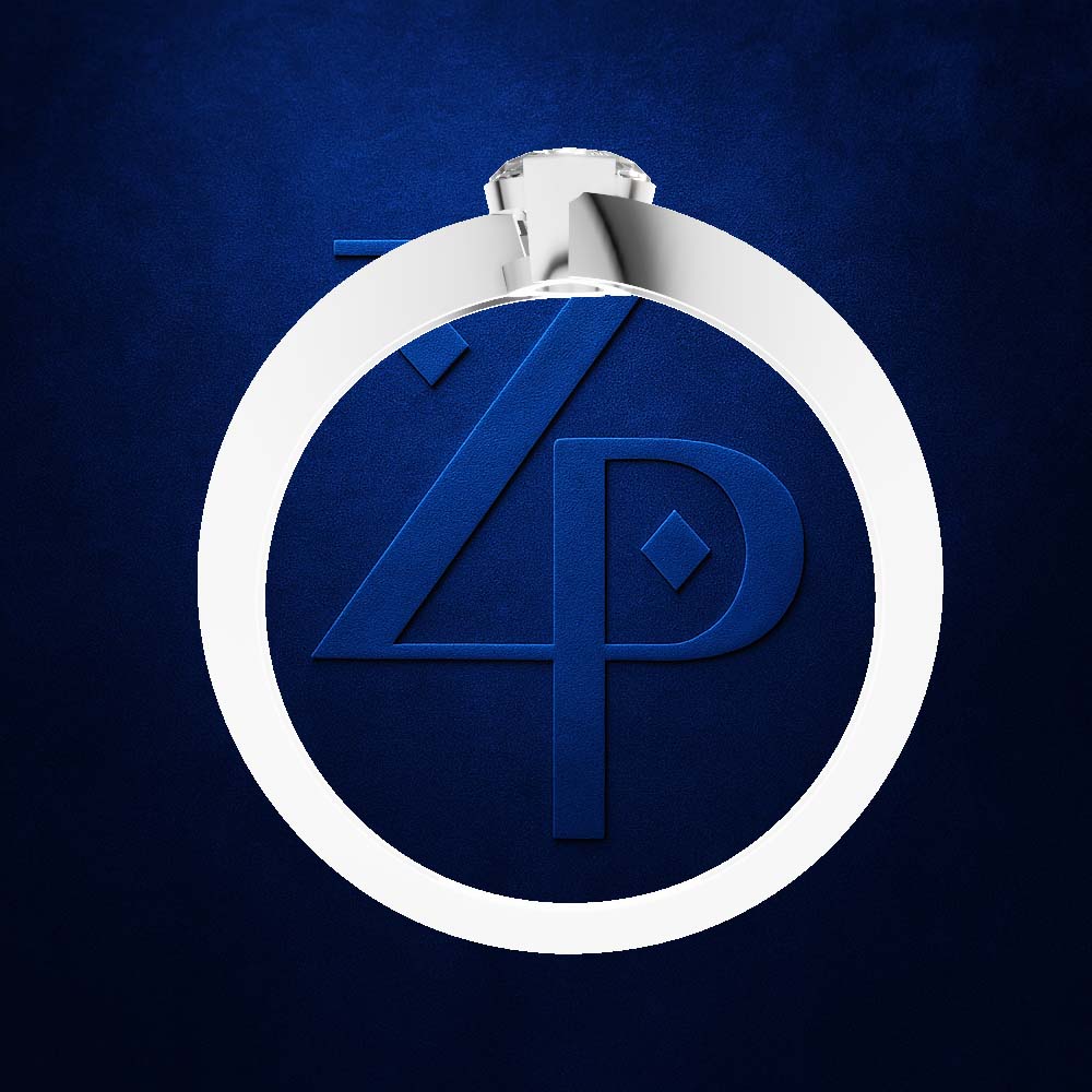 A silver-toned ring featuring a large circular inlay with a stylized blue '4P' monogram, set against a textured dark blue background.