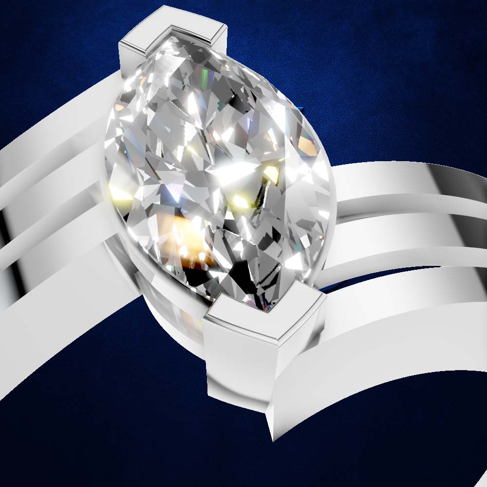 A close-up studio shot of a silver ring featuring a large, marquise-cut clear gemstone in a prong setting, mounted on a multi-band silver band. The background is a deep textured blue.
