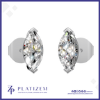 A pair of round brilliant-cut diamond stud earrings set in silver-toned metal, displayed on a white background with a blue border and the Platizem brand logo at the bottom.