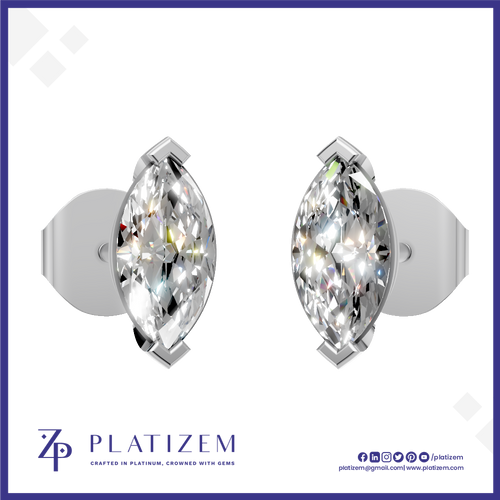 A pair of round brilliant-cut diamond stud earrings set in silver-toned metal, displayed on a white background with a blue border and the Platizem brand logo at the bottom.