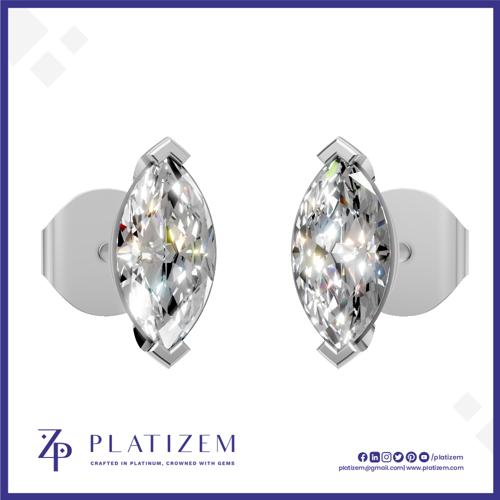A pair of round brilliant-cut diamond stud earrings set in silver-toned metal, displayed on a white background with a blue border and the Platizem brand logo at the bottom.