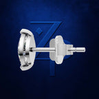 A pair of polished silver-tone stud earrings shown from the back on a textured dark blue background with a stylized blue 'Z' logo.