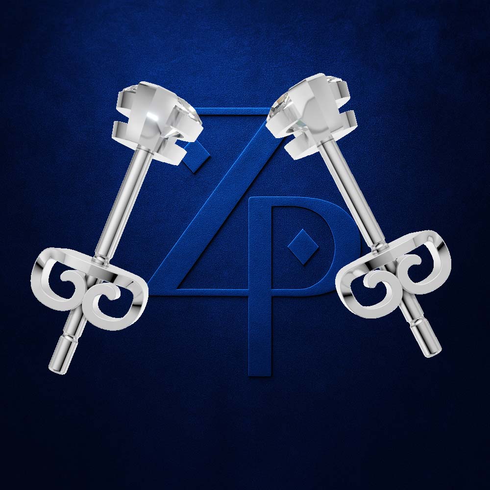 A pair of silver-toned stud earrings with decorative scrollwork key-shaped backings, displayed against a dark blue textured background with a large blue monogram logo behind them.