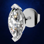 A single marquise-cut diamond stud earring in a polished silver setting, shown from a three-quarter angle against a dark blue textured background.