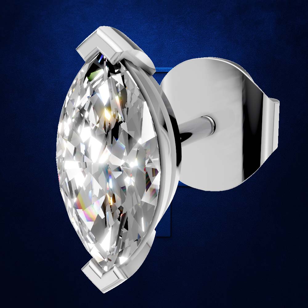 A single marquise-cut diamond stud earring in a polished silver setting, shown from a three-quarter angle against a dark blue textured background.