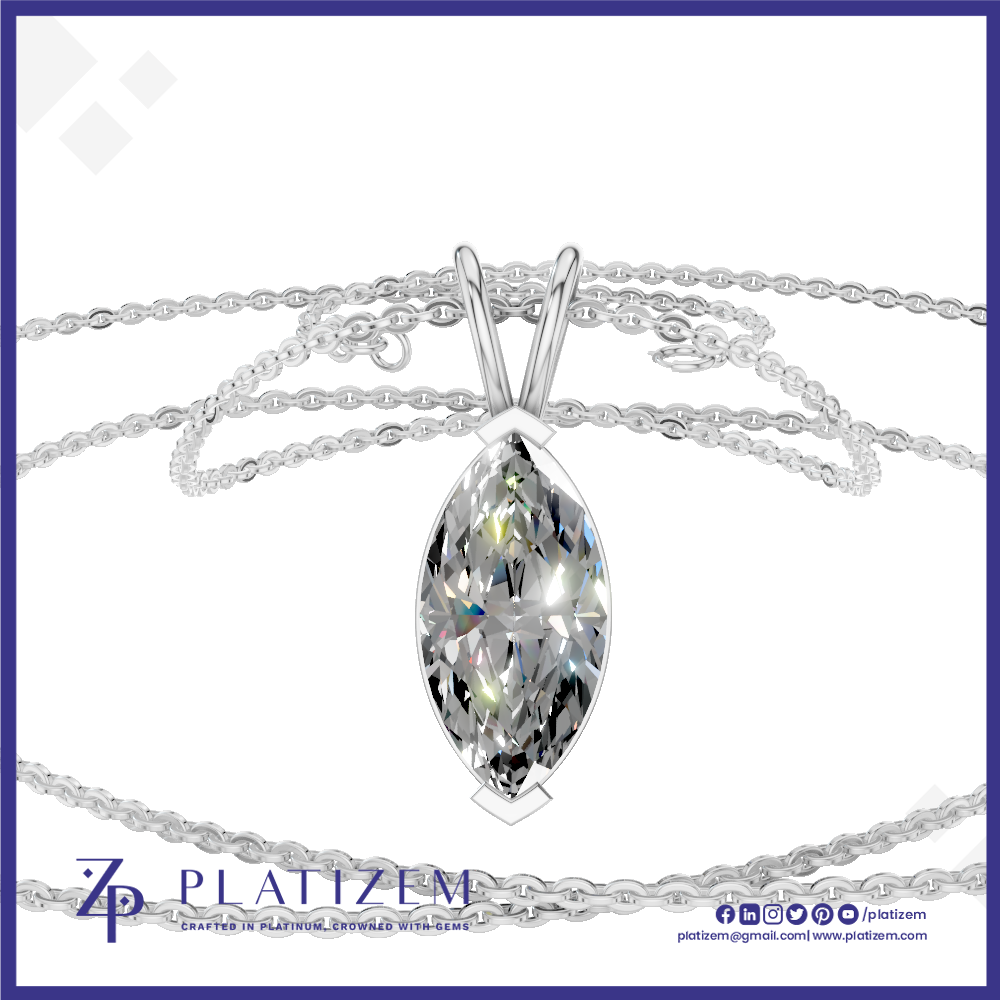 A silver-tone necklace with a marquise-cut clear gemstone pendant, displayed on a white background with the brand name PLATIZEM visible at the bottom.