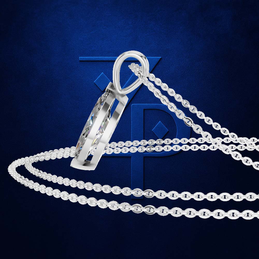 A silver-toned pendant necklace with a faceted geometric drop pendant and matching chain, displayed on a dark blue textured background with a large stylized blue 'P' logo behind it.
