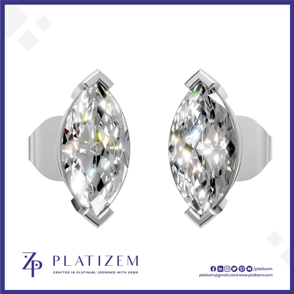A pair of marquise-cut diamond stud earrings in a silver-toned setting, shown from the front and side against a white background with the brand name PLATIZEM at the bottom.