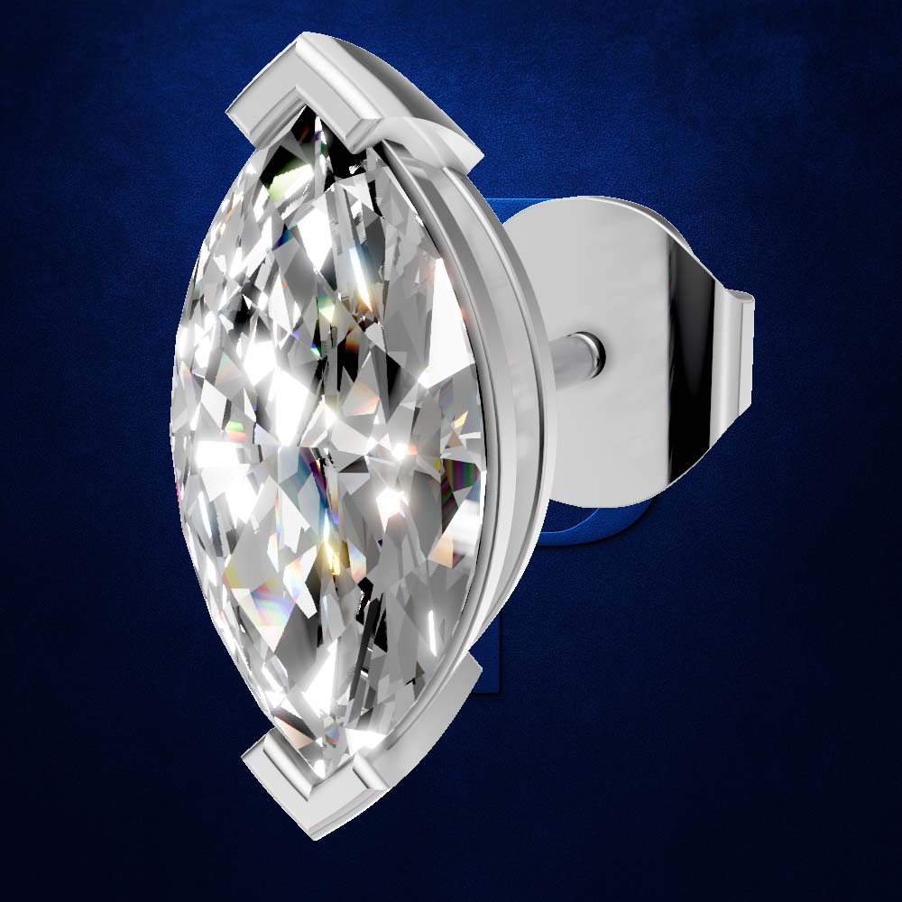A marquise-cut diamond stud earring in a silver-toned setting, shown at an angle against a dark blue textured background.