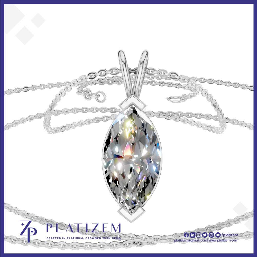 A silver-tone pendant necklace featuring a marquise-cut clear gemstone in a crown-like setting, shown with layered chain details on a white background with Platizem branding.