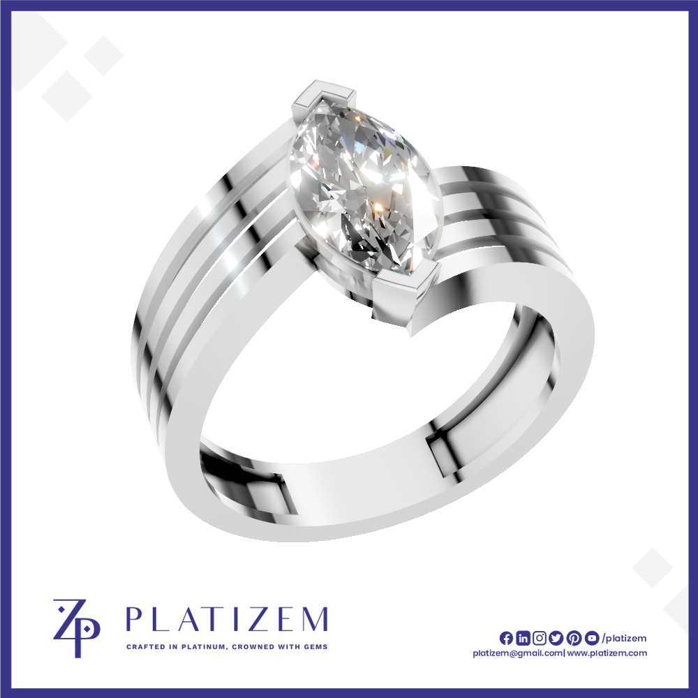 A silver-toned platinum ring featuring a marquise-cut clear gemstone in a prong setting, with a split band design and subtle grooved detailing. The ring is presented on a white background with a blue border, and the brand name 'PLATIZEM' is visible at the bottom.