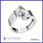A silver-toned platinum ring featuring a marquise-cut clear gemstone in a prong setting, with a split band design and subtle grooved detailing. The ring is presented on a white background with a blue border, and the brand name 'PLATIZEM' is visible at the bottom.