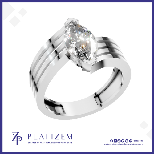 A silver-toned platinum ring featuring a marquise-cut clear gemstone in a prong setting, with a split band design and subtle grooved detailing. The ring is presented on a white background with a blue border, and the brand name 'PLATIZEM' is visible at the bottom.