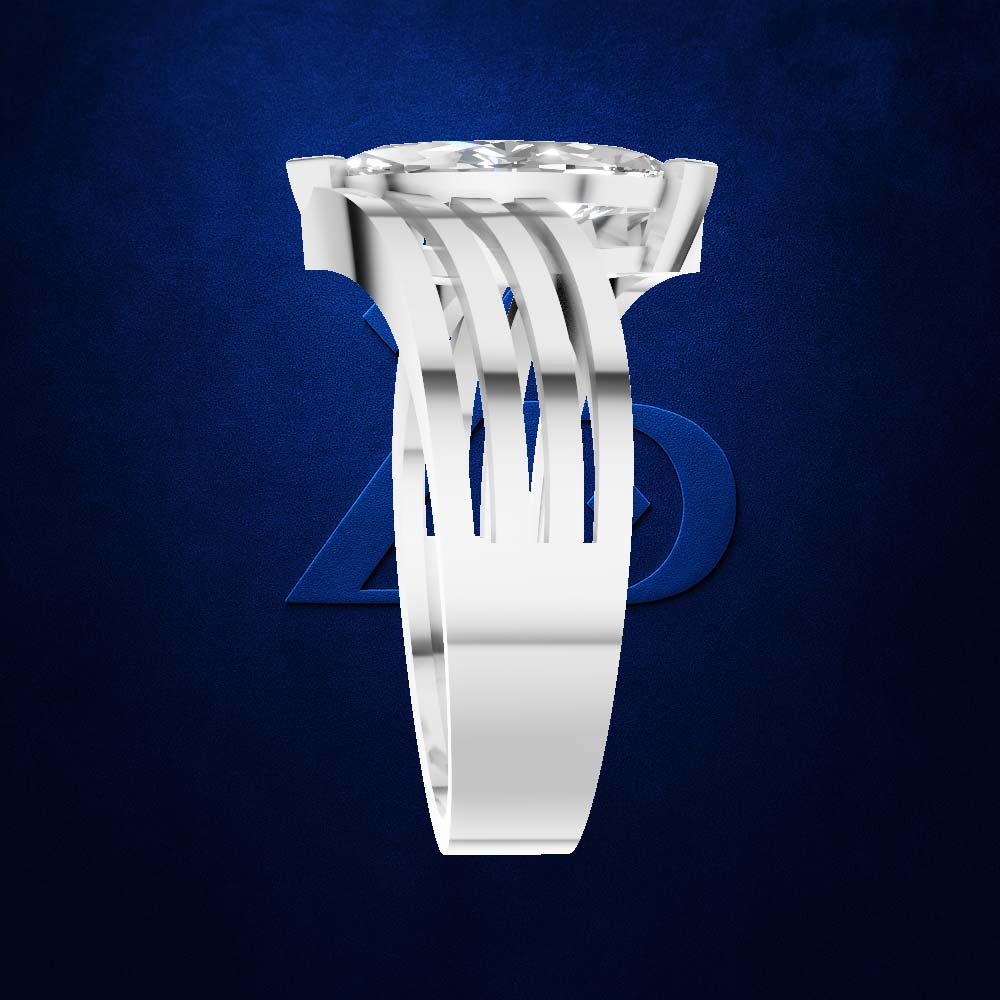 A silver-toned ring with a unique multi-prong setting and a clear round gemstone, shown on a dark textured blue background.