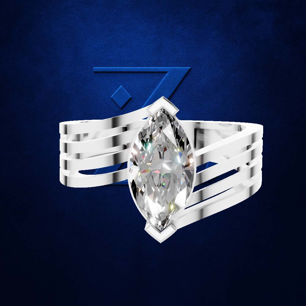 A silver-toned ring with a large marquise-cut clear gemstone, shown against a dark blue textured background with a subtle blue geometric logo behind it. Per the color rules, the clear gemstone does not contribute a color, so only the surrounding metal setting is considered, making the product color identity silver.