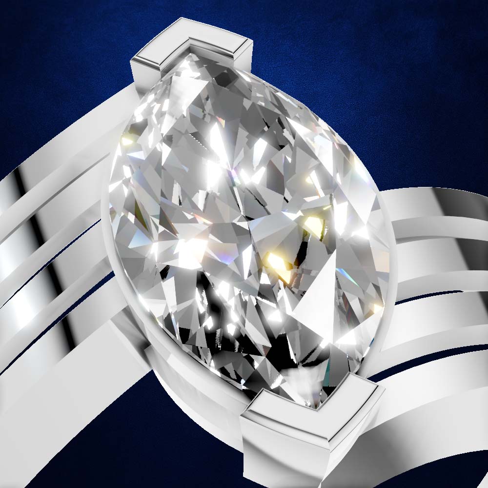 A close-up studio shot of a silver ring featuring a large, faceted pear-cut clear gemstone in a prong setting, set against a dark blue textured background.