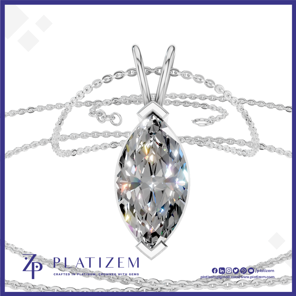 A silver-tone pendant necklace featuring a large marquise-cut clear gemstone in a prong setting, shown on a white background with the brand name PLATIZEM visible at the bottom.