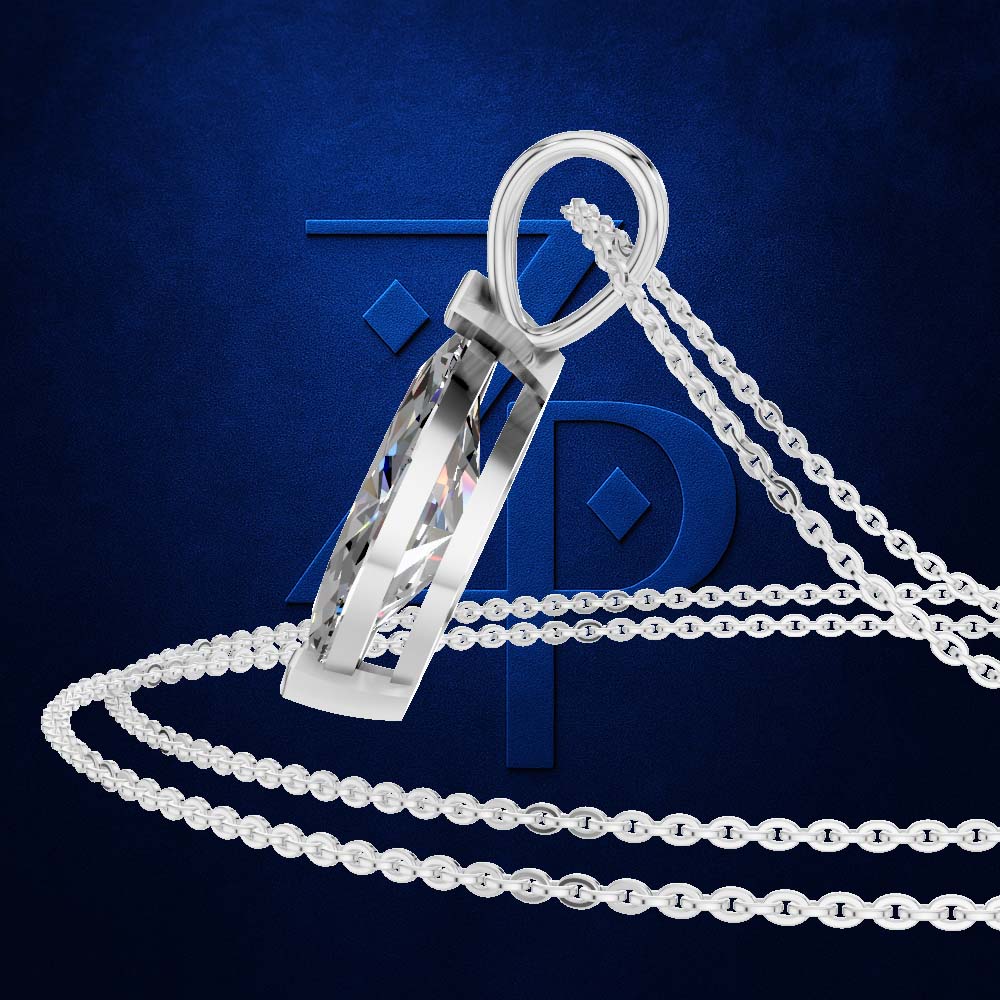 A silver-toned pendant necklace with a faceted geometric drop pendant and a link chain, displayed against a dark blue textured background with a faint stylized logo.