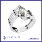 A silver-plated solitaire ring featuring a marquise-cut clear gemstone, presented on a white background with a blue border and the 'PLATIZEM' brand logo at the bottom.