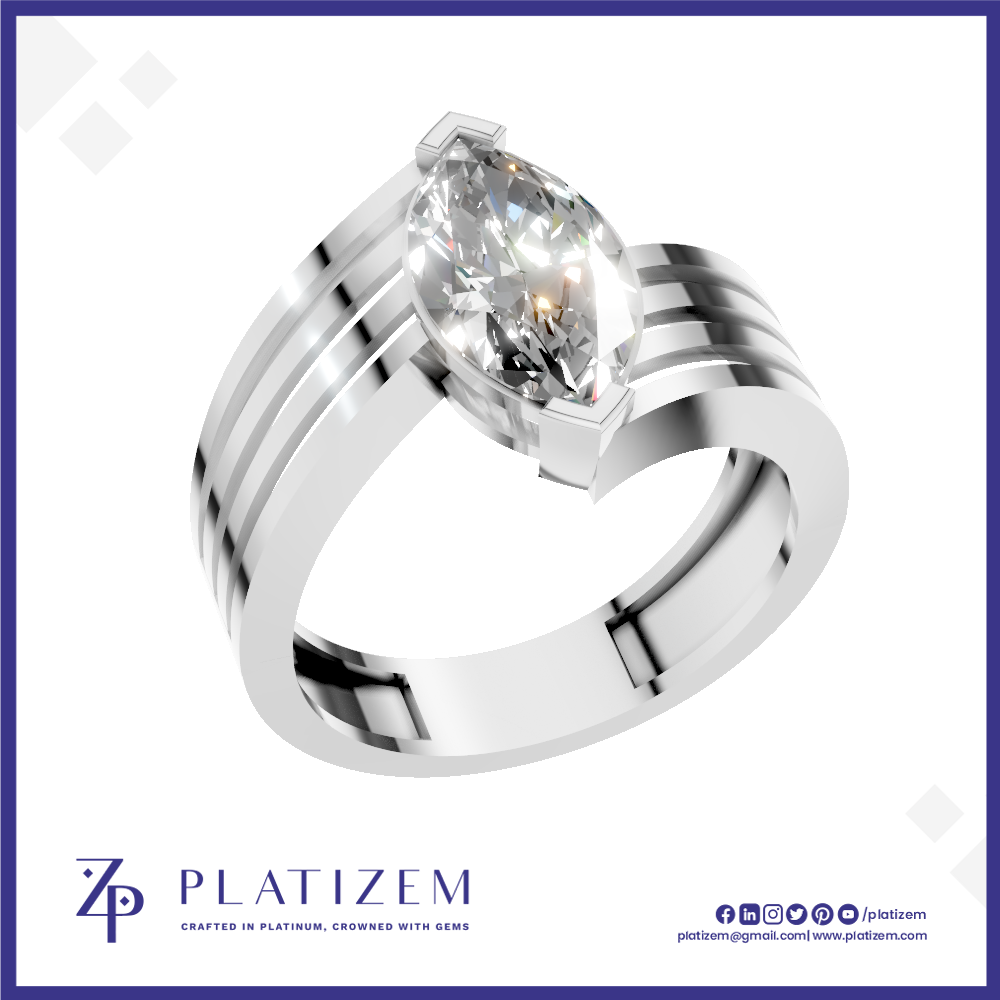 A silver-plated solitaire ring featuring a marquise-cut clear gemstone, presented on a white background with a blue border and the 'PLATIZEM' brand logo at the bottom.