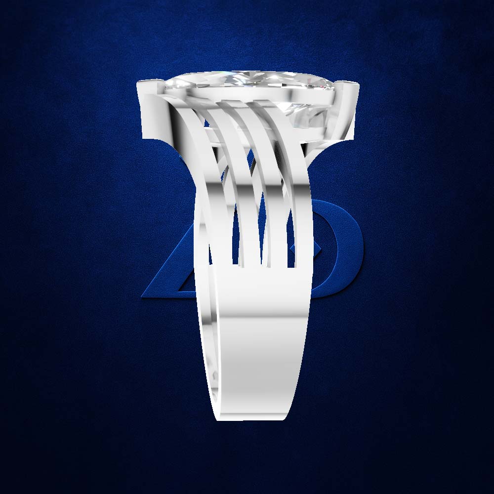 A white geometric ring with a large clear gemstone, shown against a dark blue textured background with a faint blue logo behind it.