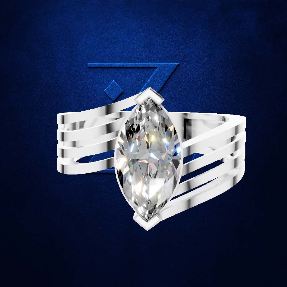 A silver ring featuring a large marquise-cut clear gemstone, set against a dark blue textured background with a subtle blue geometric logo.