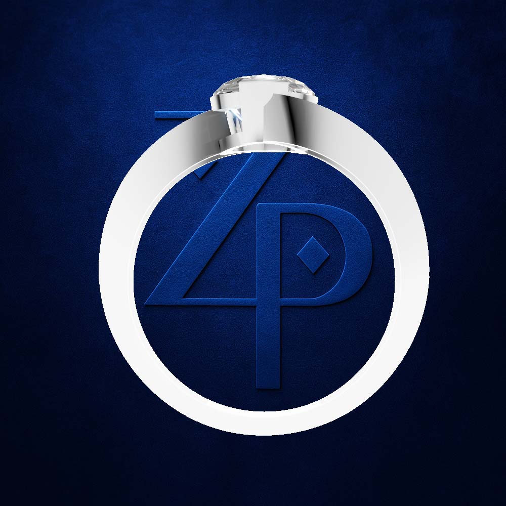 A silver ring with a large oval face featuring a stylized blue 'ZP' monogram logo, set against a textured dark blue background.