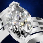 A close-up of a silver-toned ring with a large marquise-cut clear gemstone, shown against a dark blue textured background.