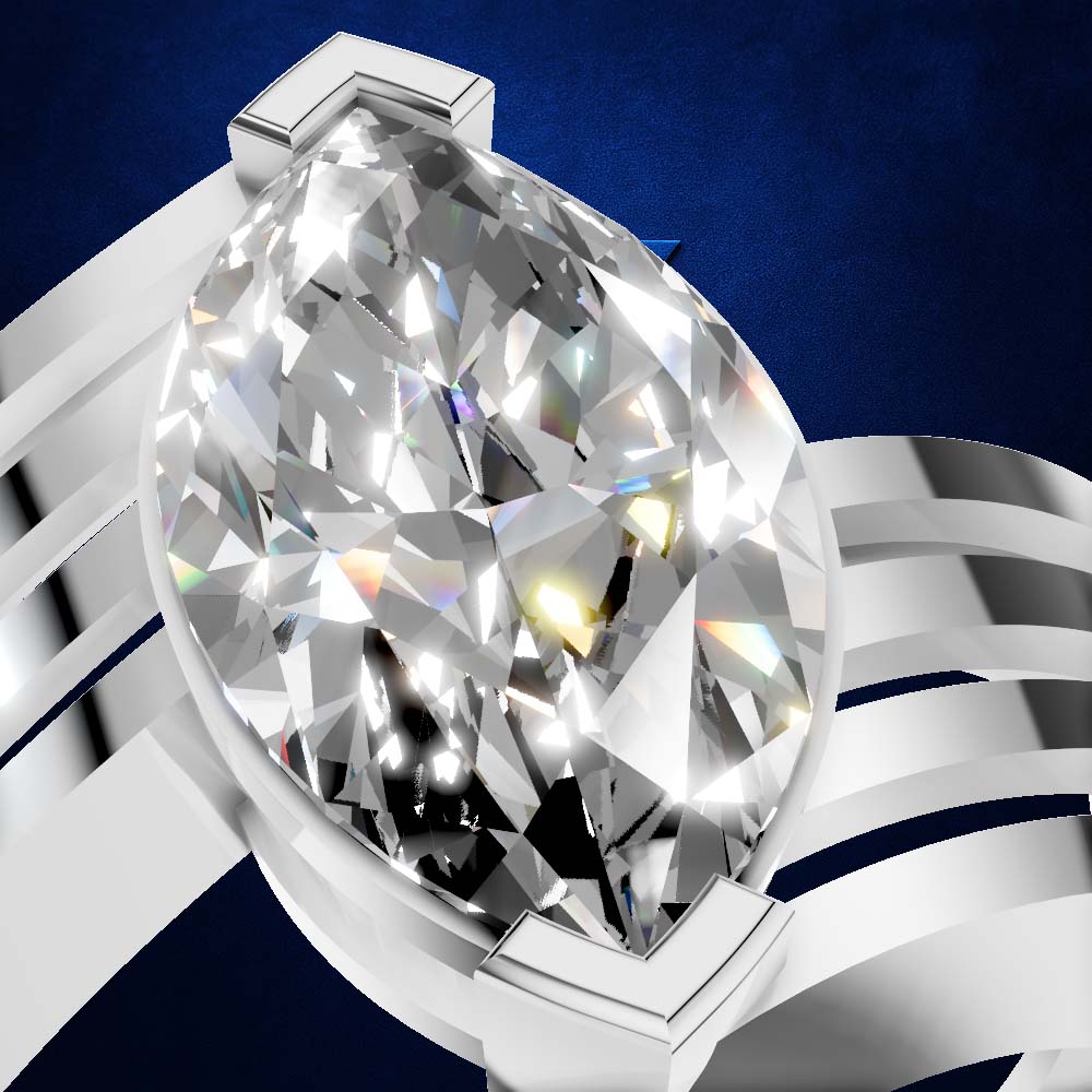 A close-up of a silver-toned ring with a large marquise-cut clear gemstone, shown against a dark blue textured background.